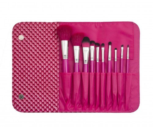 10PCS Cosmetic Brush Professional Brush Set Synthetic Hair in Diamond Red Pouch
