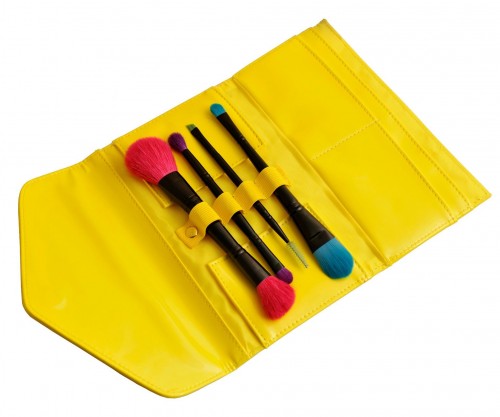 Travel Brush Set with Natural Hair and Wooden Handle on Bright Yellow Pouch