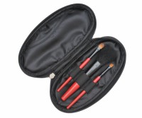 3PCS Travel Brush Set Powder Foundation Angled Eyebrow Brush Zip Pouch Red Handle