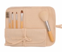 5PCS Travel Cosmetic Brushes Set with Bamboo Handle Natural Hair in Linen Bag