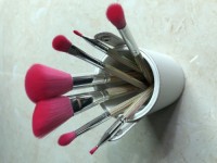 Cosmetic Powder Brush Pink Synthetic Hair Colorful Wood Pattern Handle